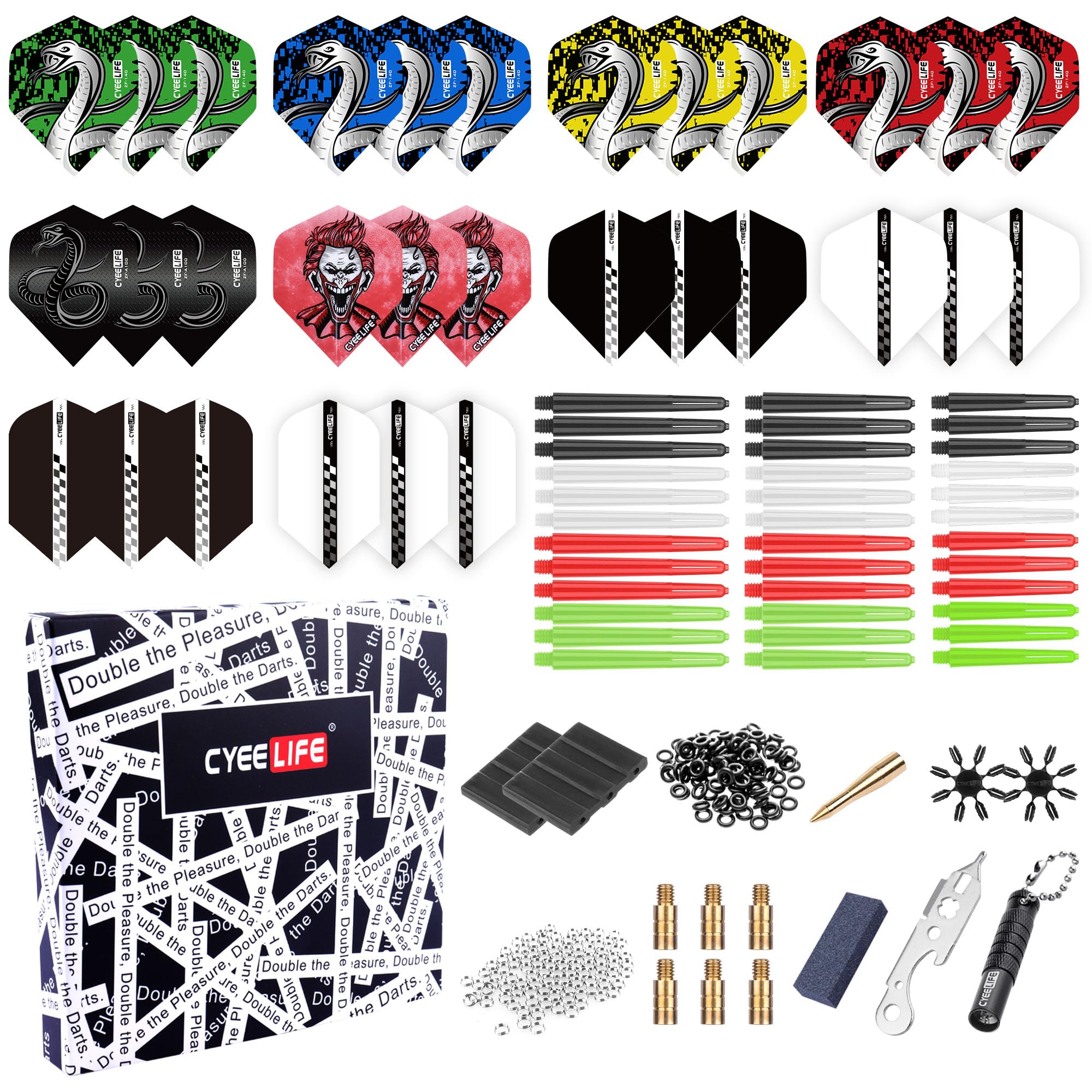 CyeeLife 180 Piece Darts Custom Fit Pack Set, Includes Flights, Shafts, Rubber O-Rings, Flight Protecter and Accessories (PC Shafts)