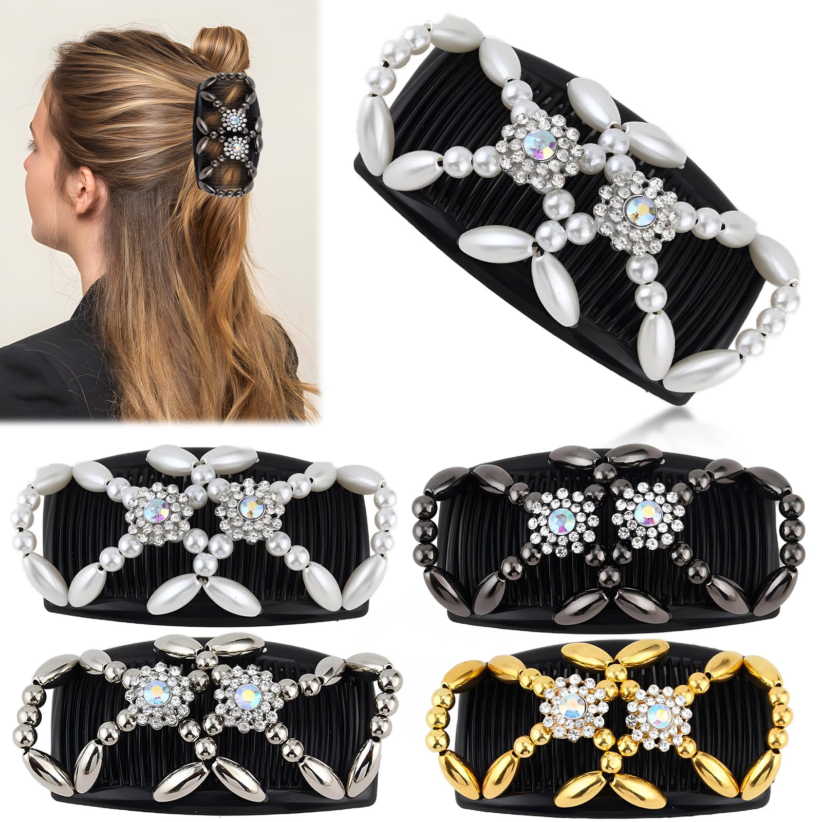 Beaded slides，4 pcs Stretchy Double, Elastic,Hair Comb Clip,Clip Beads Stretchy Hair Clips for Women Girls Hair Accessory Gold, silver, white, black