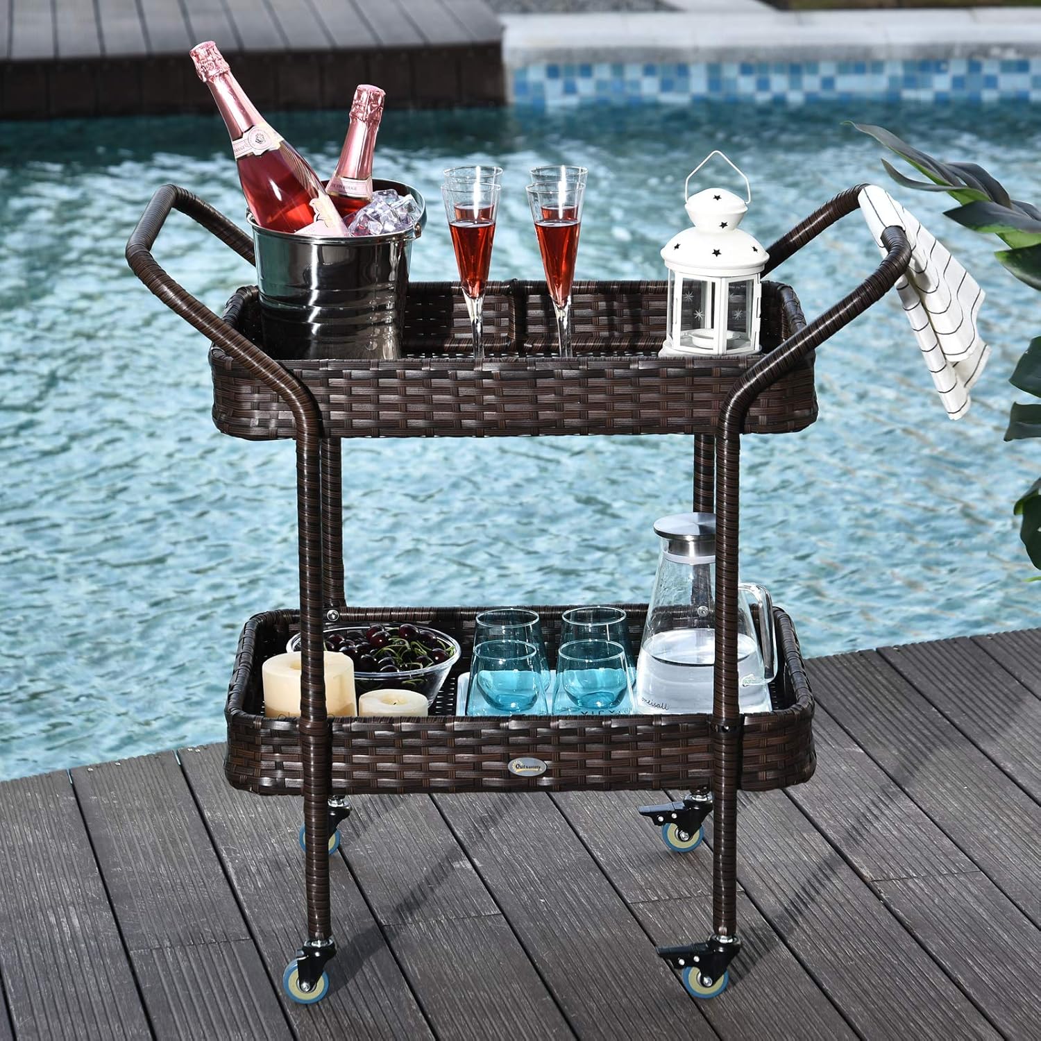 Patio Furniture Accessories Outsunny Patio Wicker Serving Bar Cart With Tray Shelves Outdoor Rolling Rattan Kitchen Trolley Patio Lawn Garden