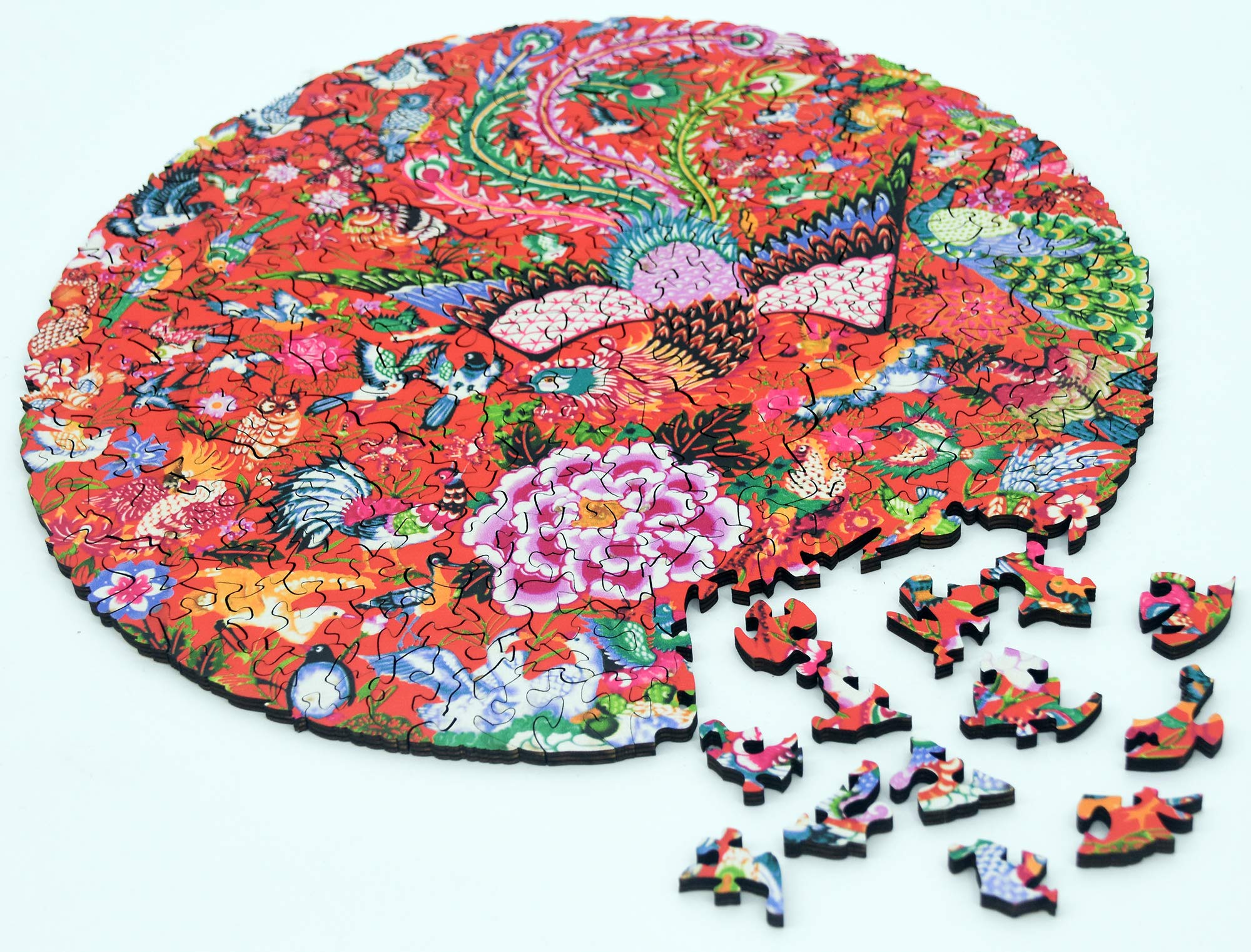 HARTMAZE Wooden Jigsaw Puzzles-Hundred Birds Paying Homage to The Phoenix 253 Truly Unique Piece Round Shape Best Choice for Adults and 10 Ages up Kids.