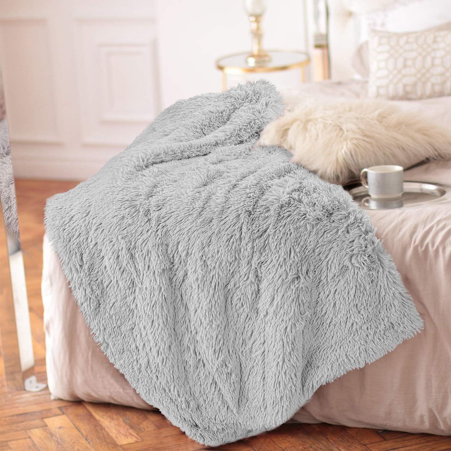 Homore Soft Fluffy Blanket Fuzzy Sherpa Plush Cozy Faux Fur Throw Blankets for Bed Couch Sofa Chair Decorative, 50''x60'' Light Grey: Kitchen & Dining