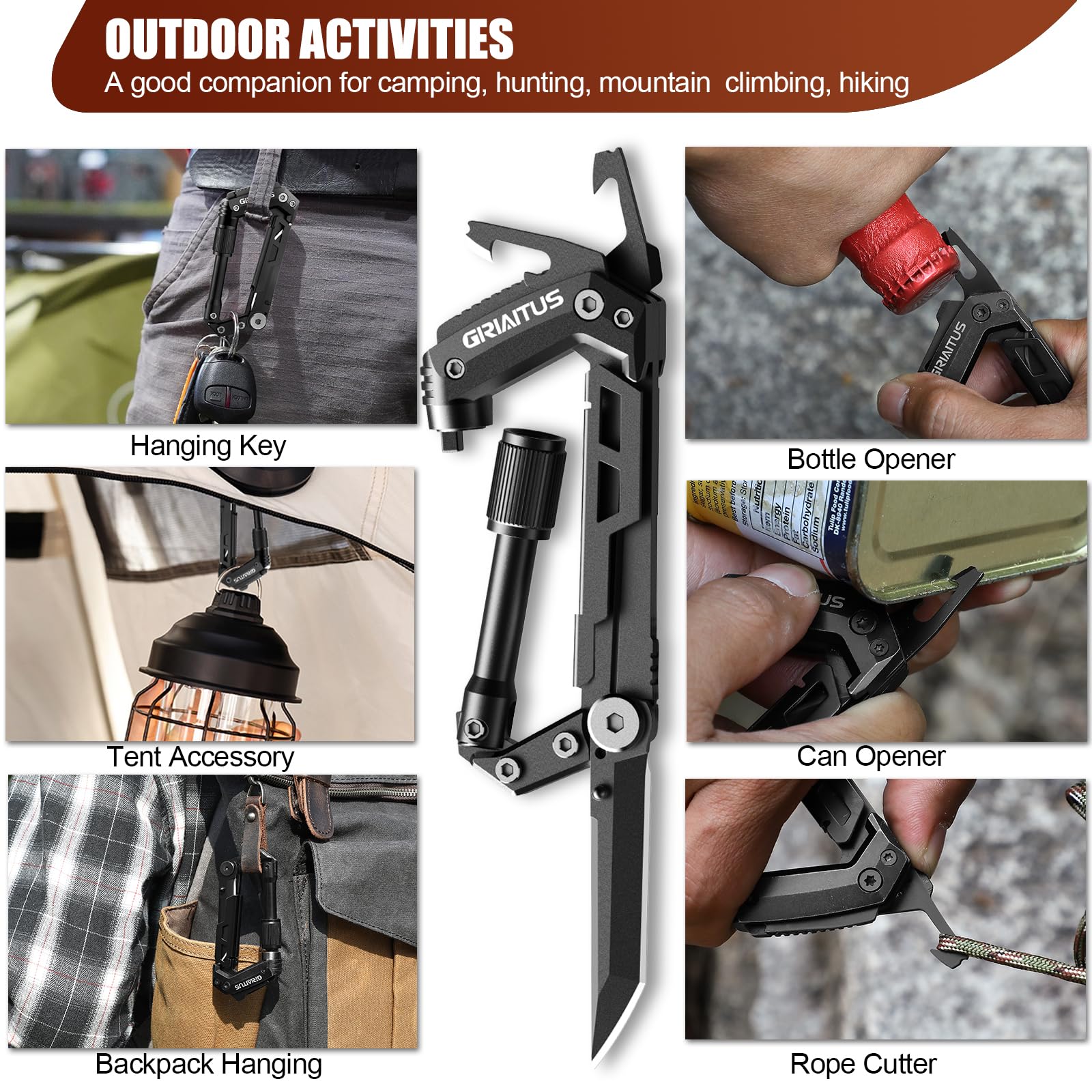 8en1 Karabiner Multitool mit Taschenmesser Säge Seilschneider Schraubendreher Dosen Flaschenöffner Lineal Klappmesser Geschenke für Männer Camping Zubehör Wandern (Schwarz) 4