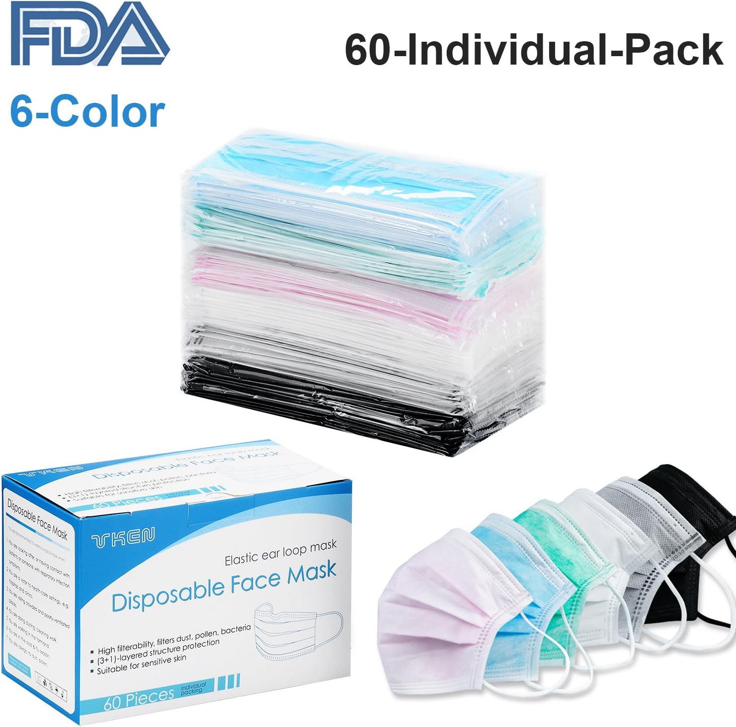 Surgical Mask Disposable Medical Face Mask Individually Wrapped for Flu Dust Pollen(60 Packs)