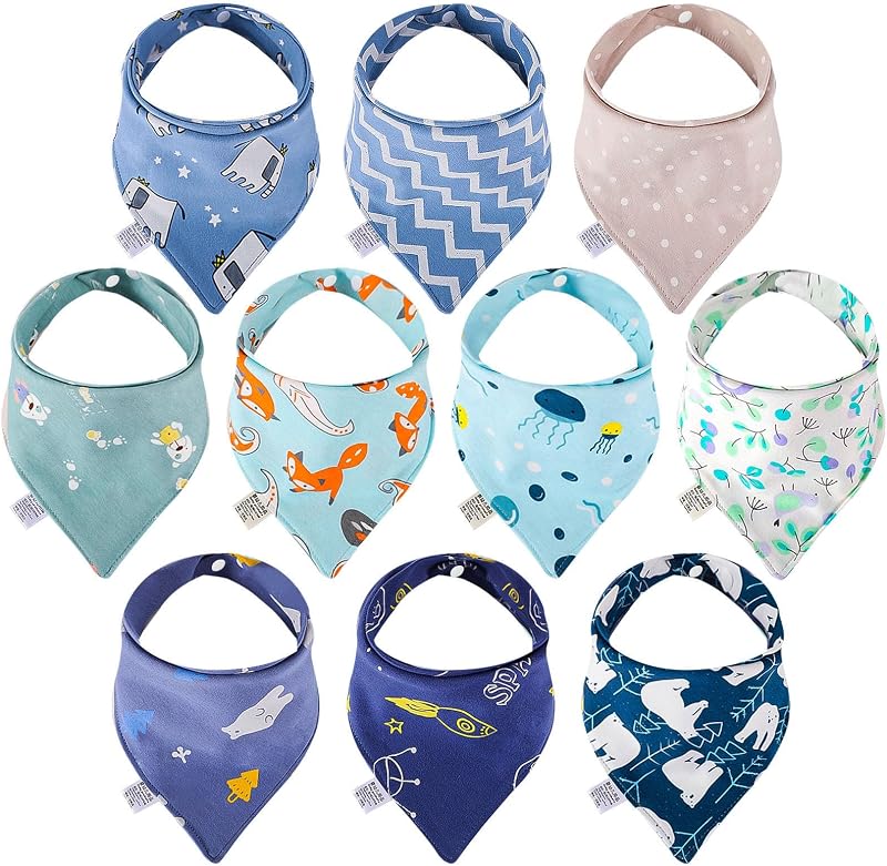 Lanjue Baby Bandana Dribble Bibs 10-Pack Cotton Bibs Adjustable Snaps Blue
