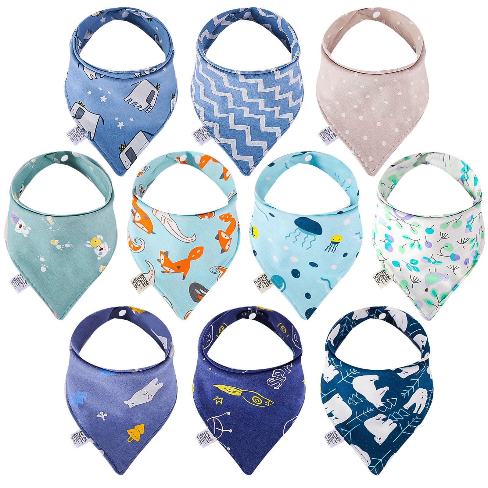 Lanjue Baby Bandana Dribble Bibs, 10-Pack Cotton Baby Feeding Bibs Super Absorbent Drool Bibs with Adjustable Snaps for Newborn and Toddlers (Blue)