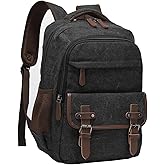 LUNLOPIK Canvas Laptop Backpack with USB Charging Port, Vintage Daypack for Men Women, Black Travel Work Rucksack College Computer Bag Bookbag Fits 15.6 Inch Lapop, Black