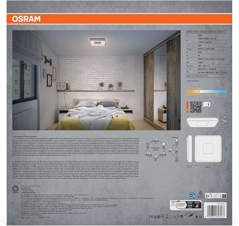 Luz de techo LED ORBIS Piana 380mm, 24W, 3000K blanco cálido, Click-DIM, Plateada, Metal, IP20
