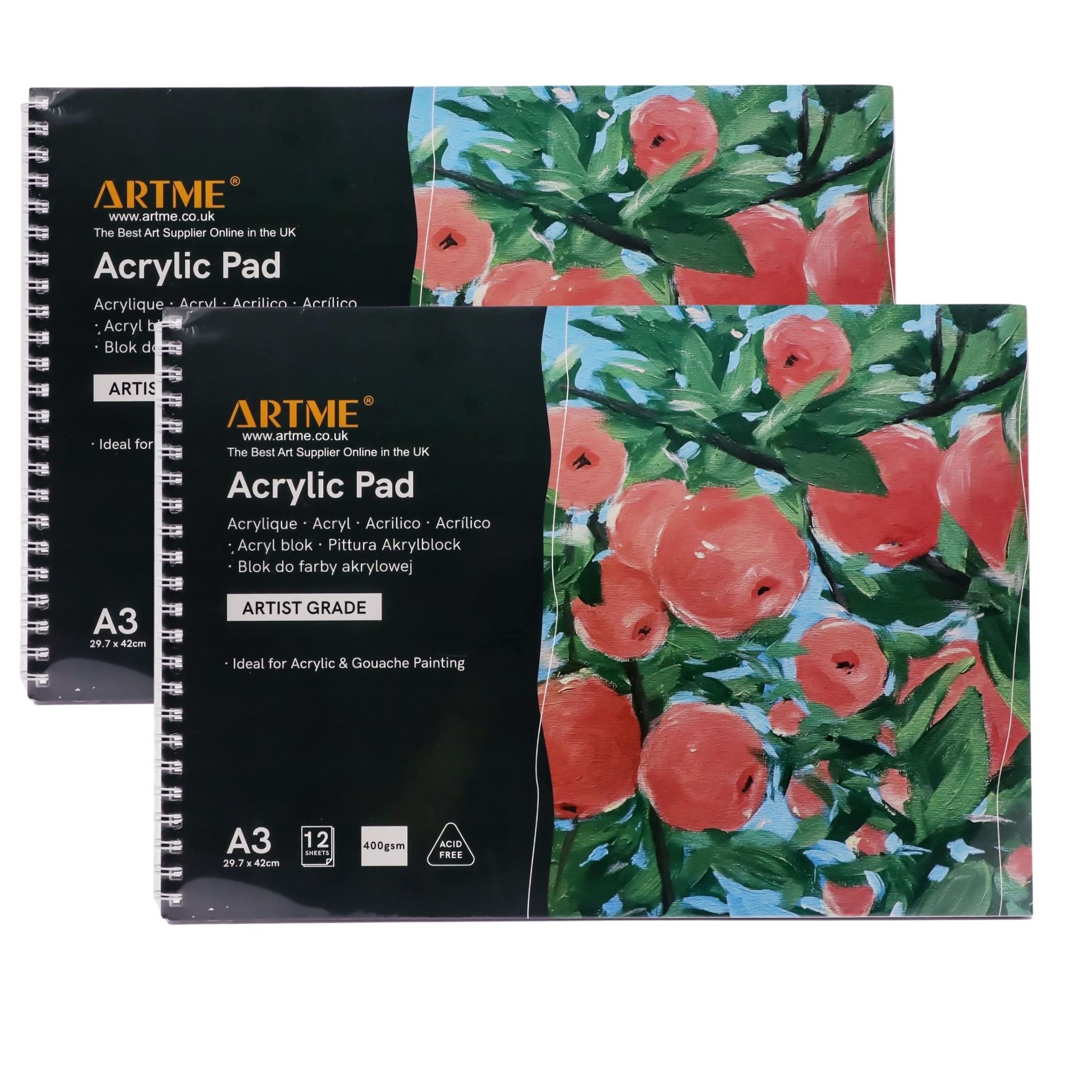 ARTME A3 Acrylic Pad (2 Pack) Landscape -12 Sheets/ 400gsm Extra Heavyweight/Cold Pressed/Acid Free - Premium Quality Drawing Pad crylic and Gouache (A3 2pk)