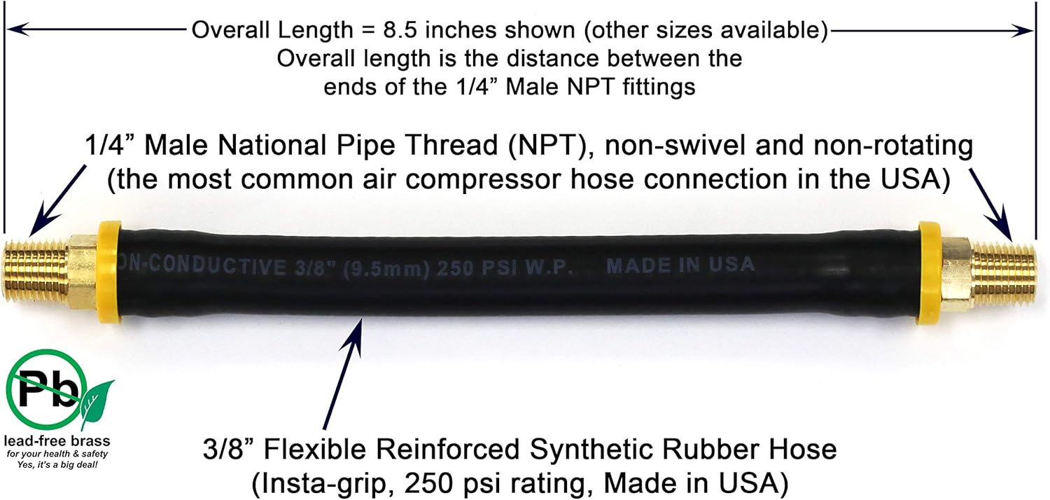 18-inch Short Air Compressor Hose: 1/4" Male NPT to 1/4" Male NPT Connections (Lead-Free Brass) - - 