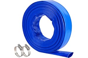 Geowaky 1" x 50 FT Pool Backwash Hose, Blue Heavy Duty Reinforced PVC Lay Flat Water Discharge Hose for Swimming Pool Filter Pump,with 2 Clamp