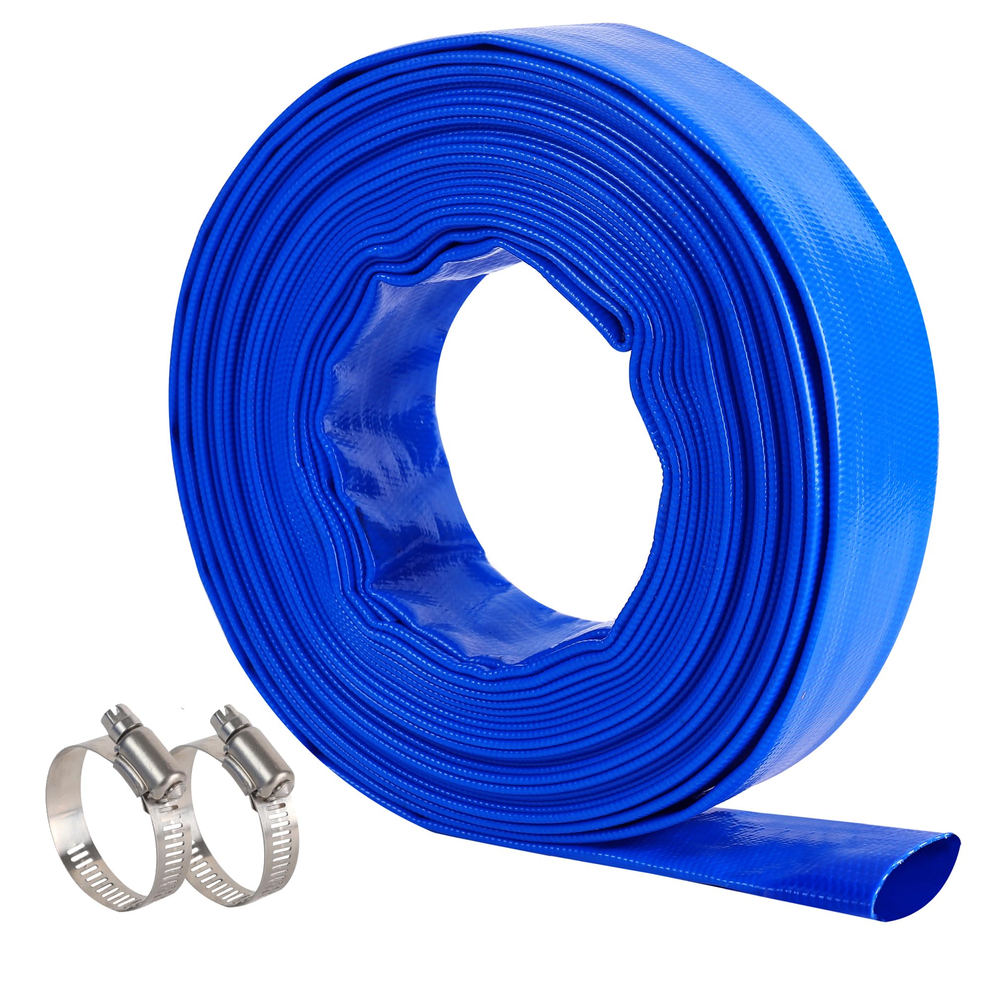 Photo 1 of Geowaky 1" x 50 FT Pool Backwash Hose, Blue Heavy Duty Reinforced PVC Lay Flat Water Discharge Hose for Swimming Pool Filter Pump,with 2 Clamp