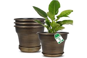 FODETYFF Plant Planters Pots Set of 4 Pack 9 Inch, Plastic Flower Pot for Indoor Plants with Drainage Holes & Trays, Resin Decorative Container Sets with Saucer for House Outdoor Garden Planters Dark Gold