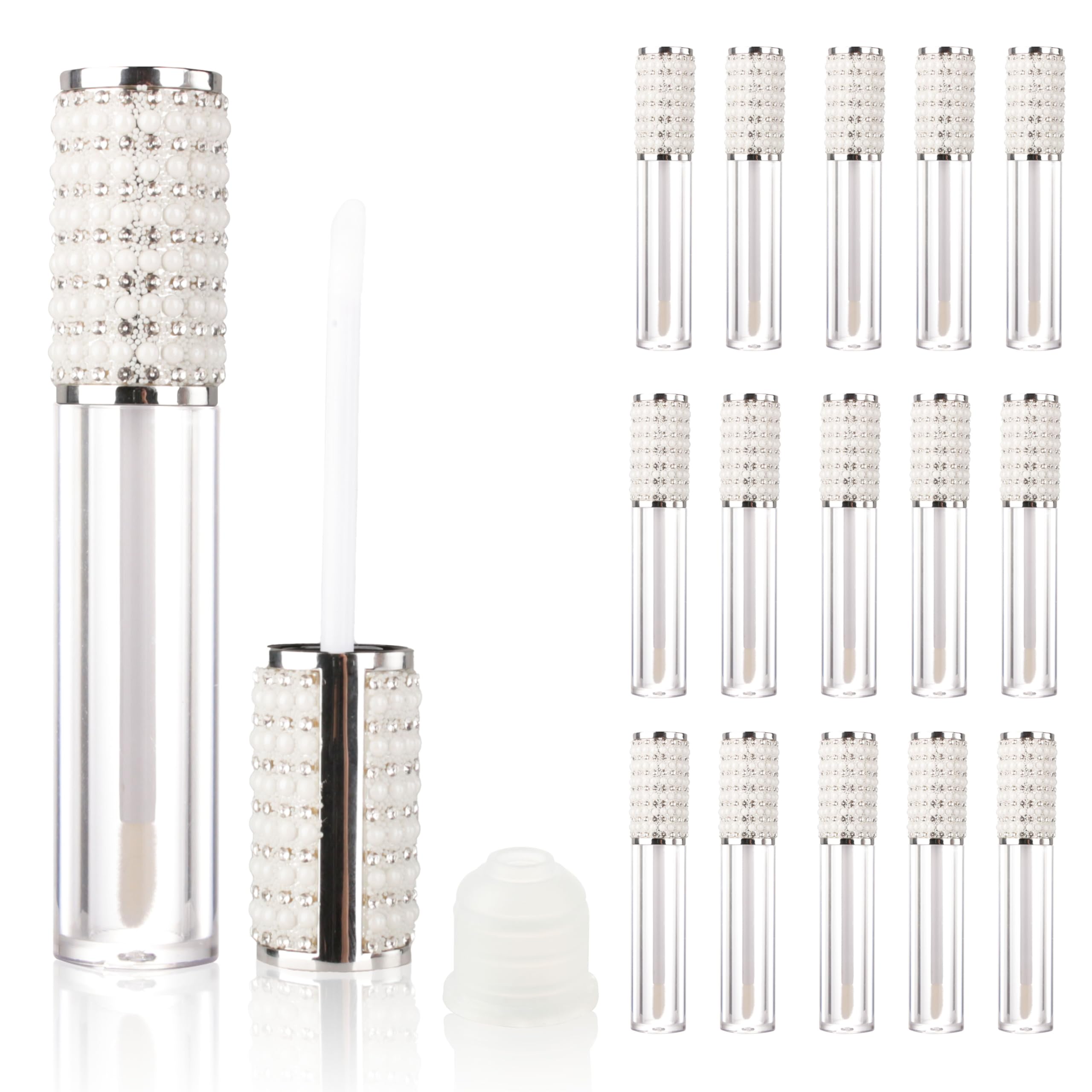 COSIDEA 15pcs Round Empty 5ml 0.17oz lip gloss tubes with wand and diamond cap Lipgloss containers for lip oil packing, Silver with pearl, Luxurious