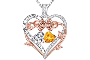 Iefil Rose Heart Double Birthstone Necklace Gifts for Wife Girlfriend Her Women, Birthstone Jewelry Gemstone Birthday Gifts for Mom Grandma Her Wife Women