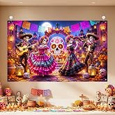 IVN Dia De Los Muertos Banner 71x43 Inch Day Dead Skeleton Music Sugar | Polyester Dia De Los Muertos Day Dead Skeleton design for Halloween wall party entryway and indoor outdoor seasonal decor