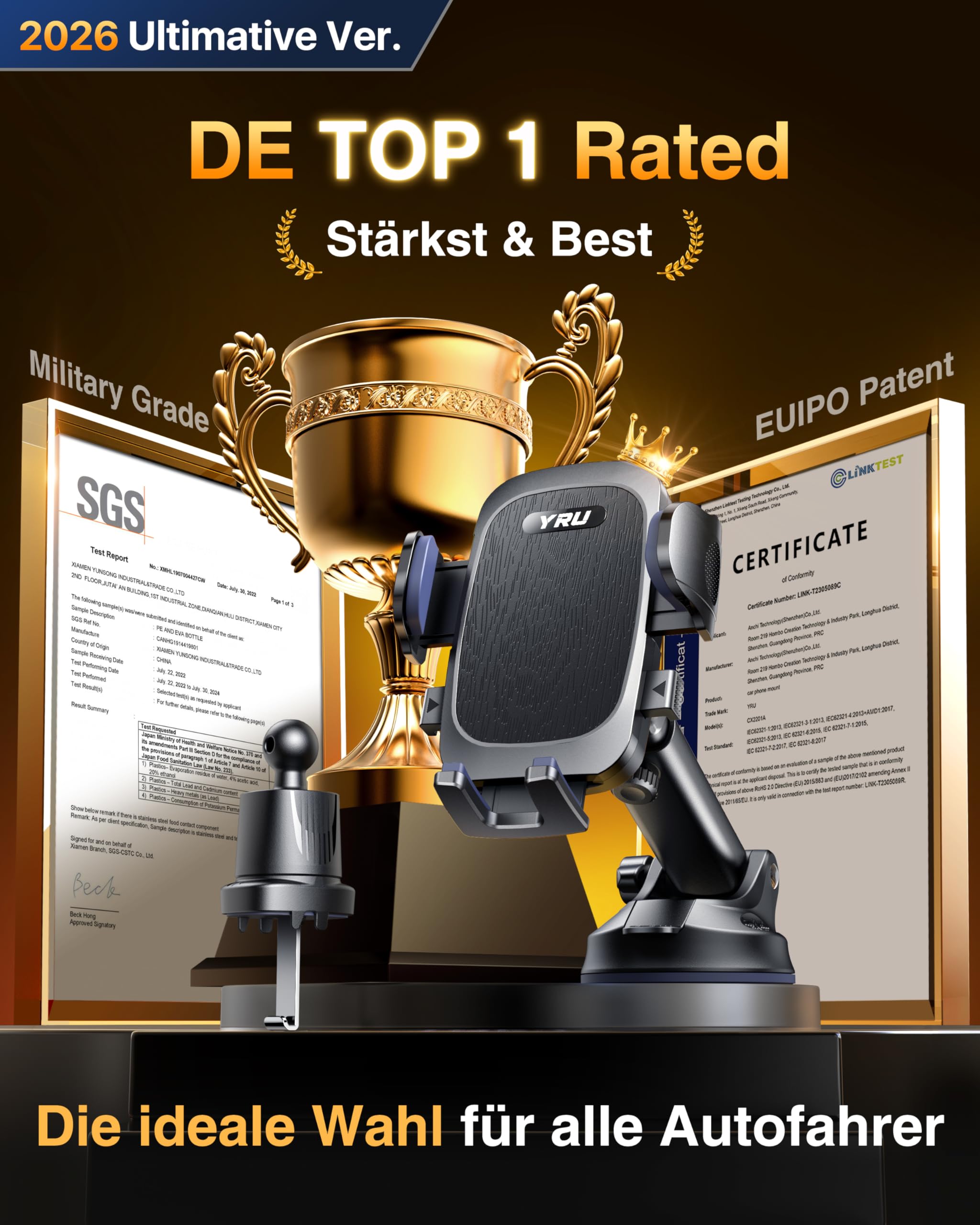 [2026 Militär-Klasse] YRU Handyhalterung Auto Handy Halterung Auto [Stärkst Saugnapf & Clip] Universal Auto Handyhalterung Armaturenbrett Scheibe Lüftung für iPhone 17 Pro 16 Samsung S25 ultra Schwarz 3