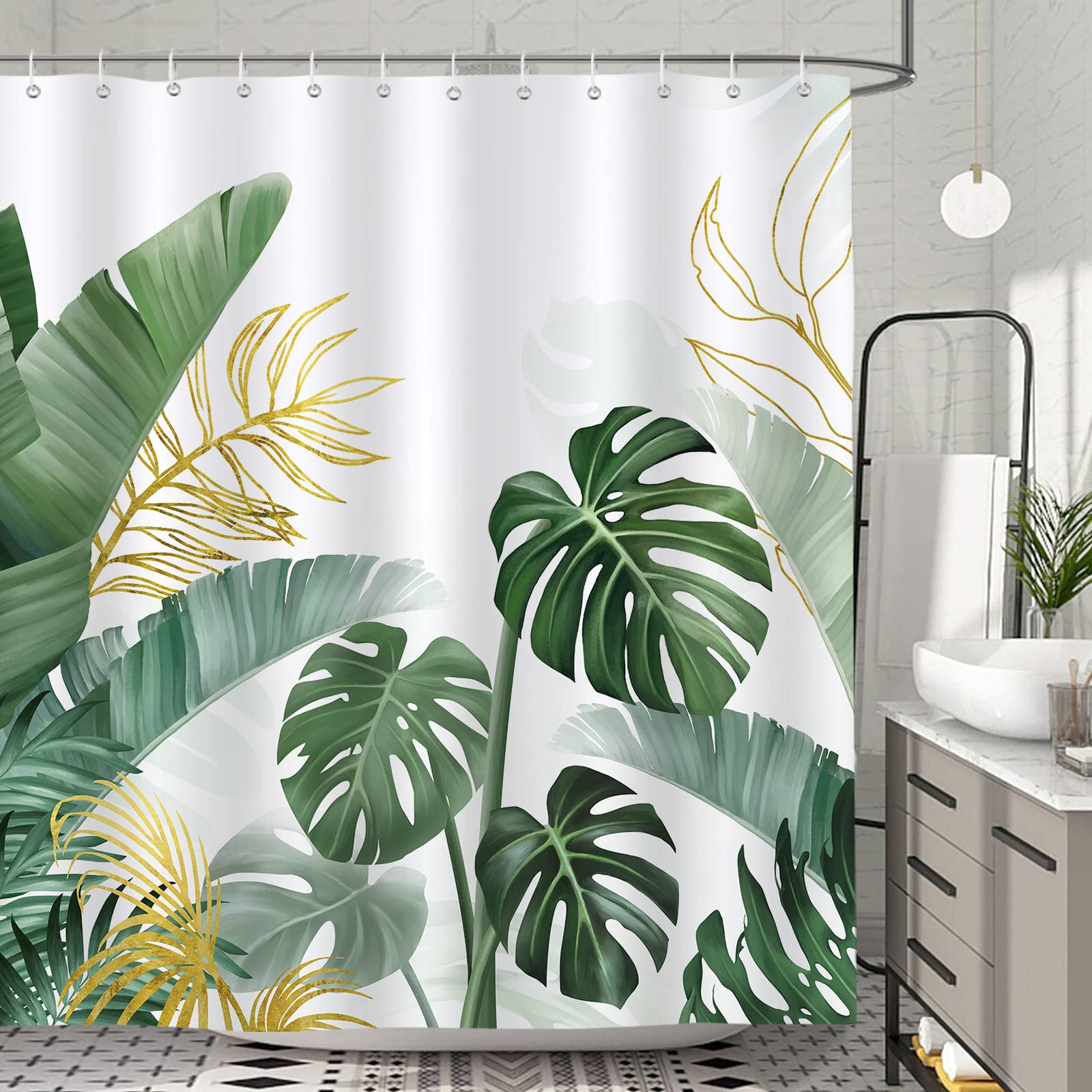 Bonhause Tropical Leaves Shower Curtain 180 x 180 cm Green Palm Leaf Botanical Plants Bathroom Curtain Waterproof Mildew & Mould Resistant Polyester Fabric Bath Curtain with 12 Hooks — image 1