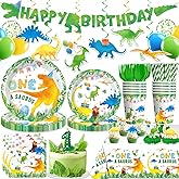 193pcs One A Saurus Birthday Decorations with Tableware Set, Banner, Hanging, Tablecloth, Cake Number Candle, Balloon, Centerpieces, for Dinosaur Birthday Decorations 1 Year Old Boy, Serves 25