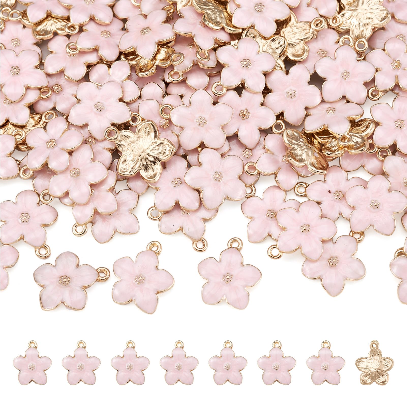 PandaHall 100pcs Alloy Pink Flower Enamel Pendants 16.5x14.5x2.5~3mm Golden Plated Metal Enamel Dangle Charms for DIY Jewelry Making