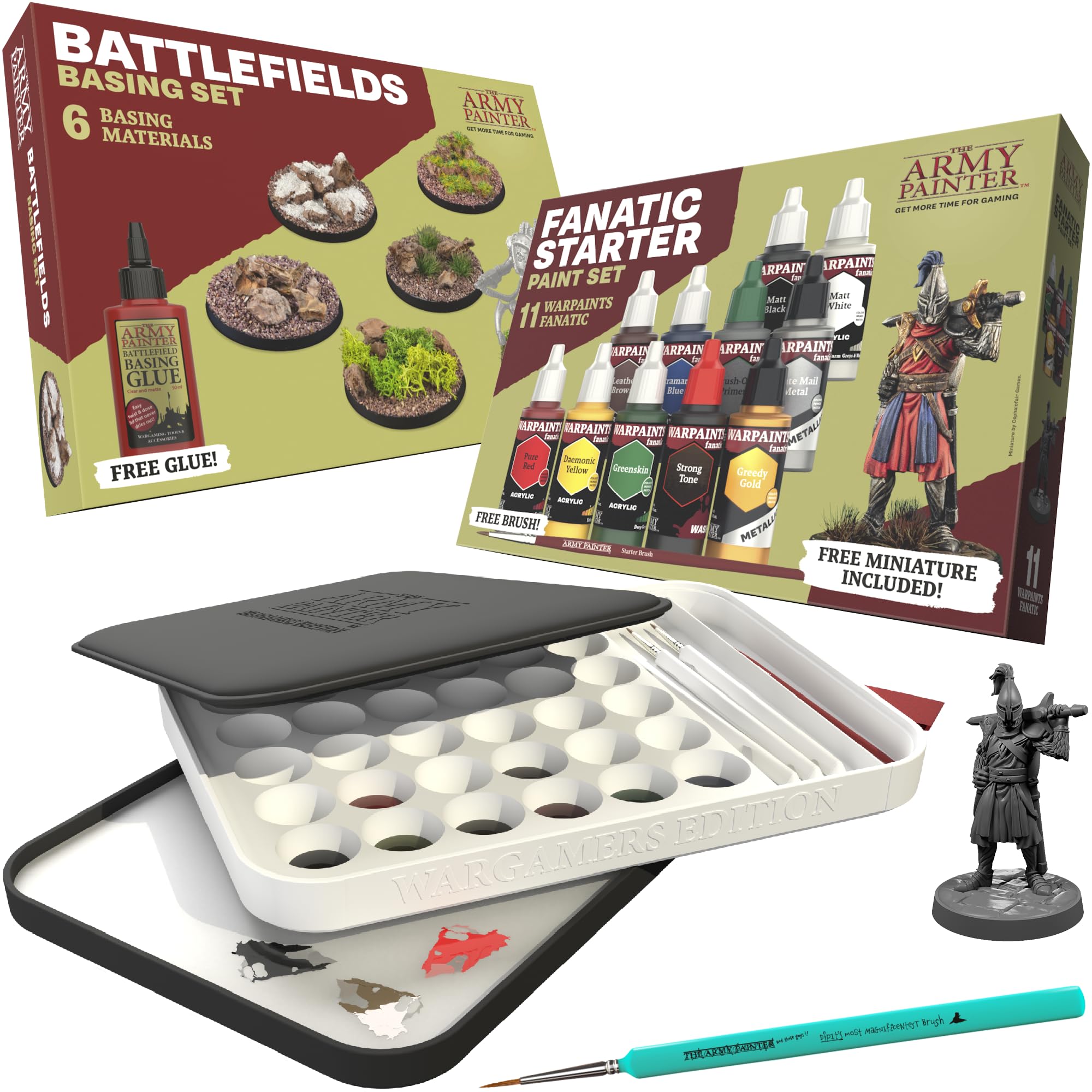 The Army Painter, Hobby Essentials Bundle - with Warpaints Fanatic Starter Set, Battlefield Basing Set, Wet Palette XL & 1 Dipit Brush - Perfect Miniature Painting Bundle for D&D and Warhammer