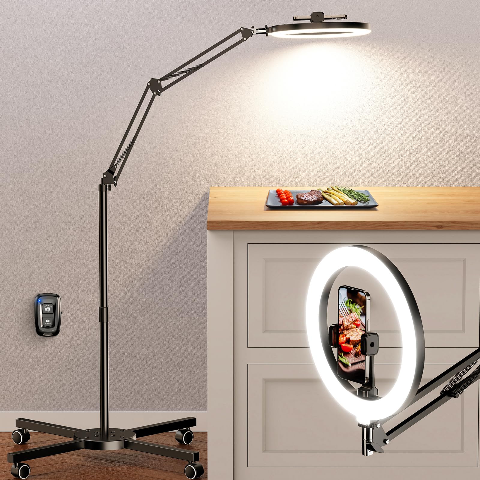 Photo 1 of LUXSURE Ring Light Tripod for iPhone with Light,Overhead Camera Mount with Casters,Ring Light with Stand and Phone Holder for Video Recording,Phone Tripod with Light for Live Streaming/Cooking