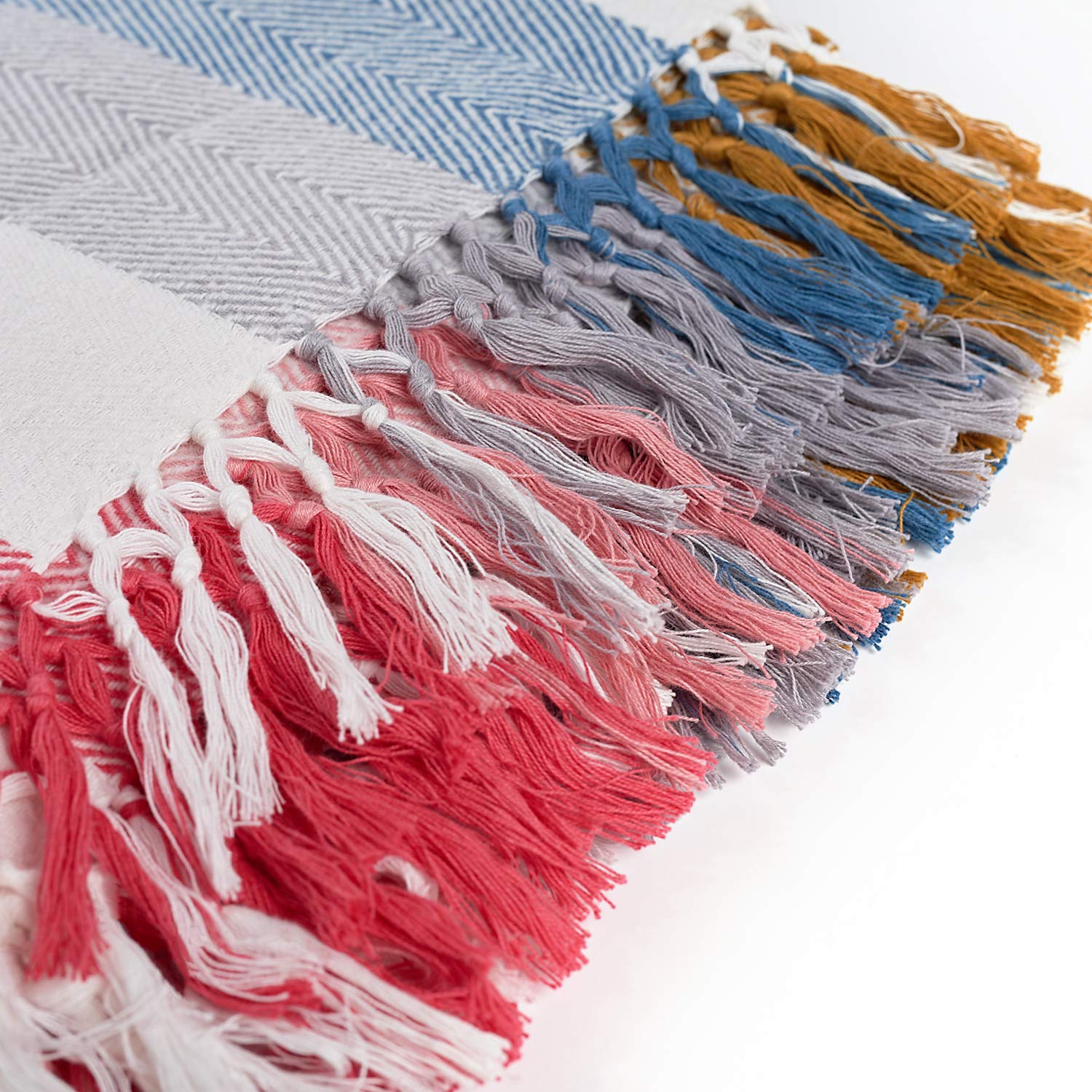 MOTINI Striped Throw Blanket 100% Turkish Cotton Handmade Brushed Fringed Multi-Colored Herringbone Decorative Soft Cozy Modern Throw Blanket for Bed Couch Sofa Office Chair,50\