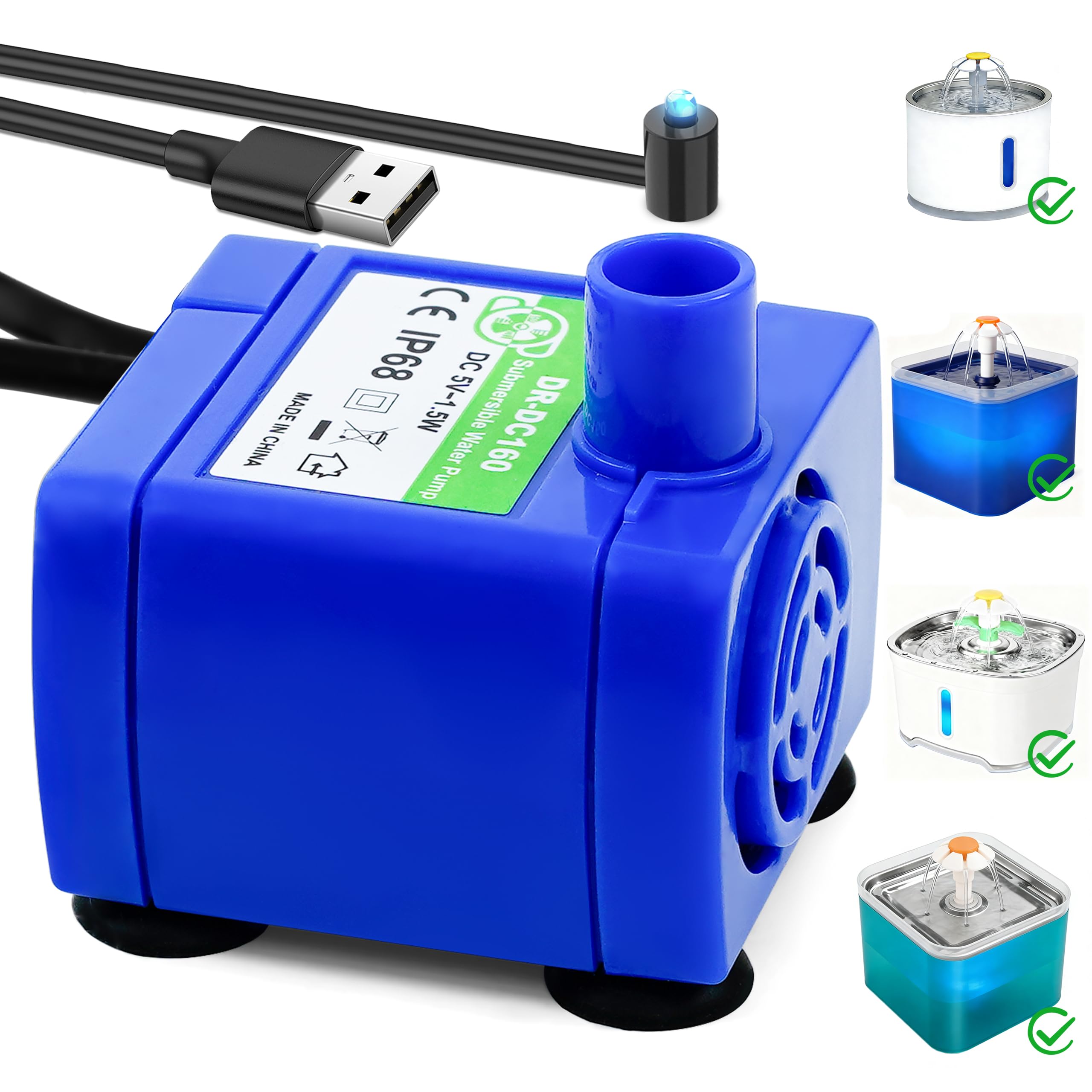 Photo 1 of Cat Water Fountain Pump, Pet Water Fountain Pump Replacement Compatible Motor, DR-DC 160 Submersible Water Pump with LED Light for Round, Cubic, Flower Cap Cat Fountain