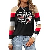 Merry Christmas Shirts for Women Christmas Tree T-Shirt Xmas Light Tee Shirt Buffalo Plaid Long Sleeve Tops