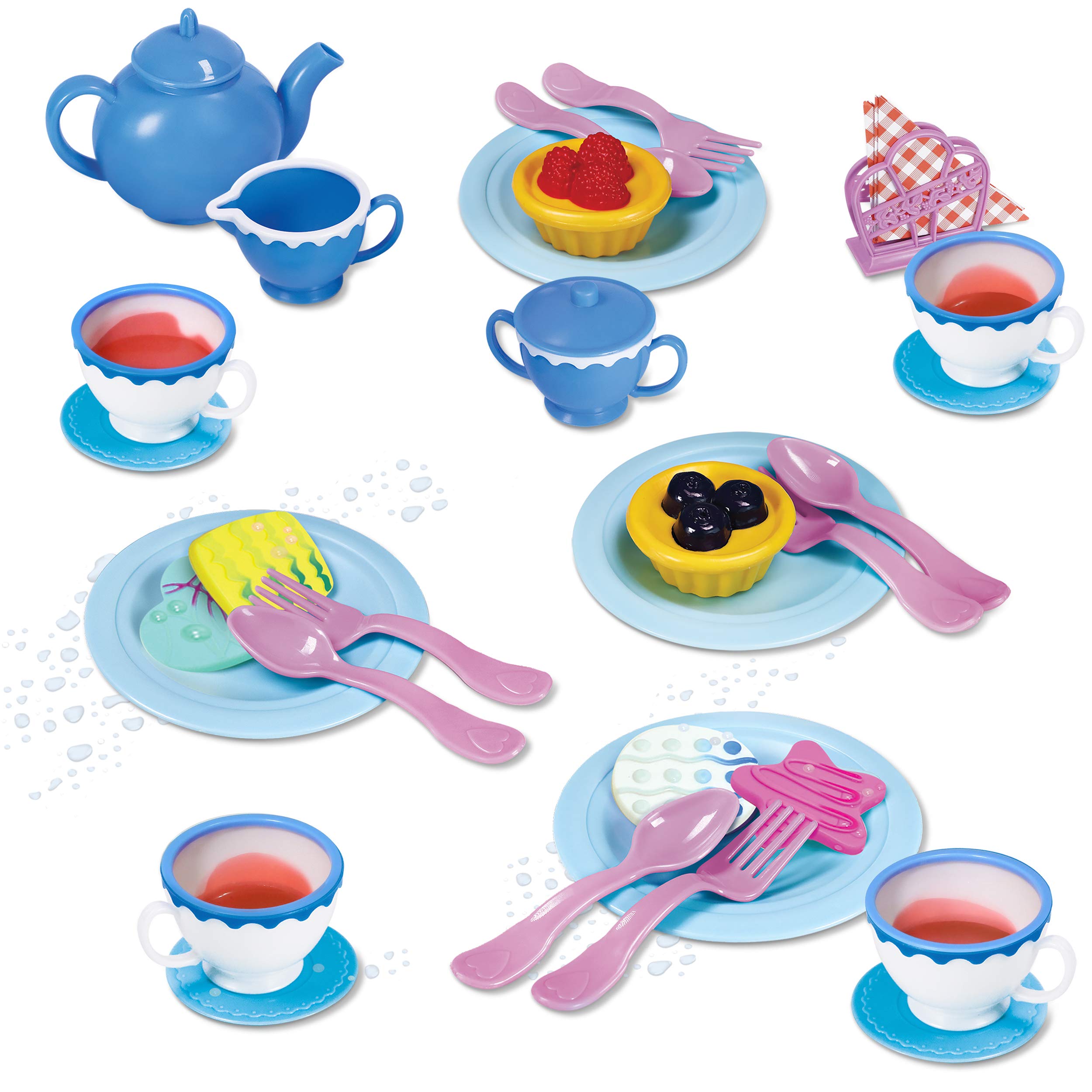 Kidzlane Play Tea Set for Little Girls - Kids Party With Water Activated Color Changing Cups and Cookies - 34 Piece Toy for Girls - Dishwasher Safe Plastic