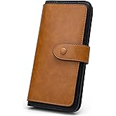 RFID Blocking Leather Wallet for Women, Slim Trifold with 14 Card Slots and Zipper Pocket (Brown&Black)