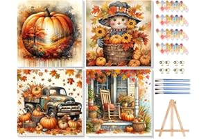 VIGEGU 4 Pack Thanksgiving Paint by Numbers Kit for Adults with Framed,Fall Pumpkin Paint by Number with Wooden Easel DIY Autumn Scarecrow Truck Adult Paint by Number Kits for Wall Decor 10x10in