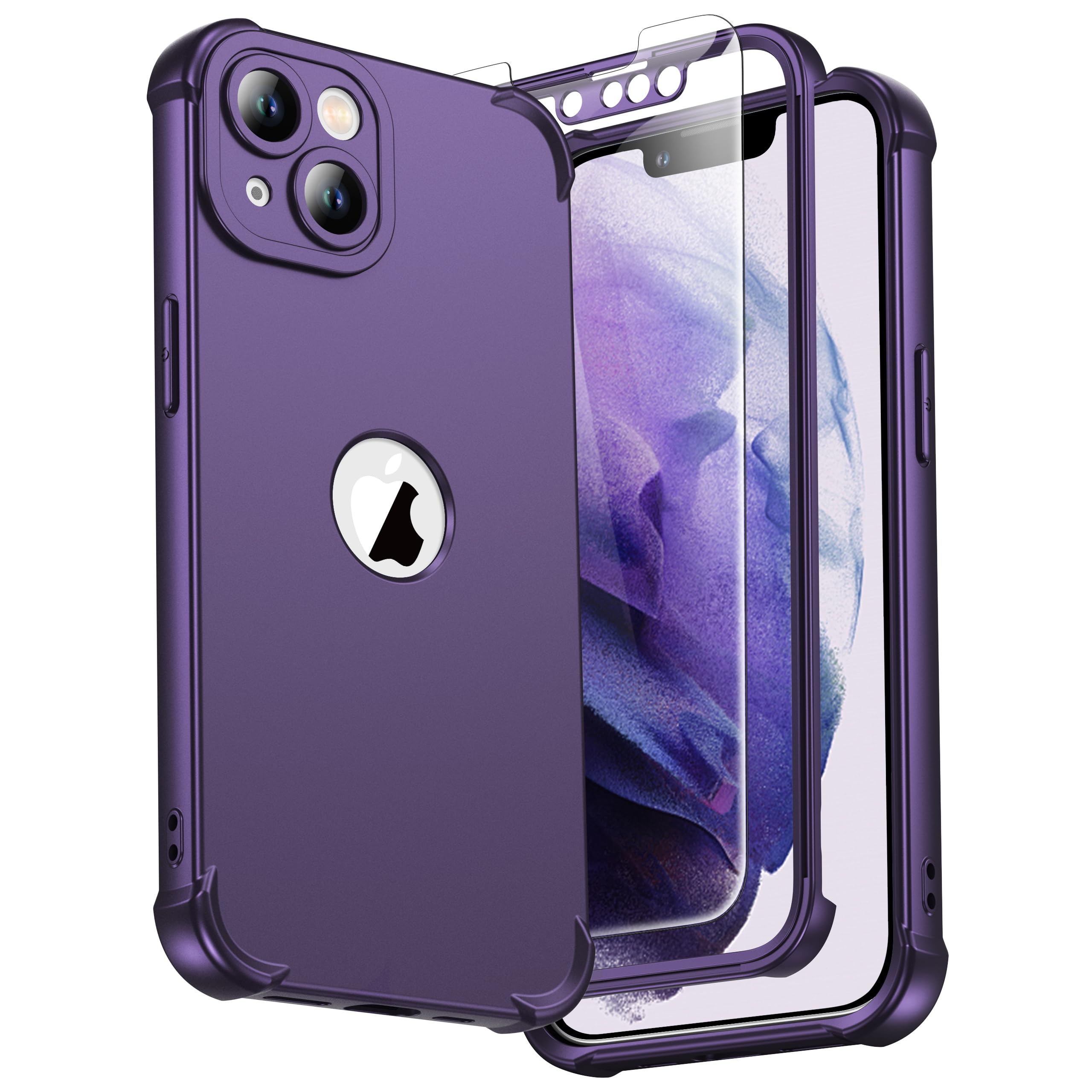 ORETECH for iPhone 13 Case, with [2 Pack Tempered Glass Screen Protector] [Camera Lens Guard] [15FT Military Grade Drop Test] 360° Shockproof Slim Fit Rubber Bumper Phone Cover - Dark Purple — image 1