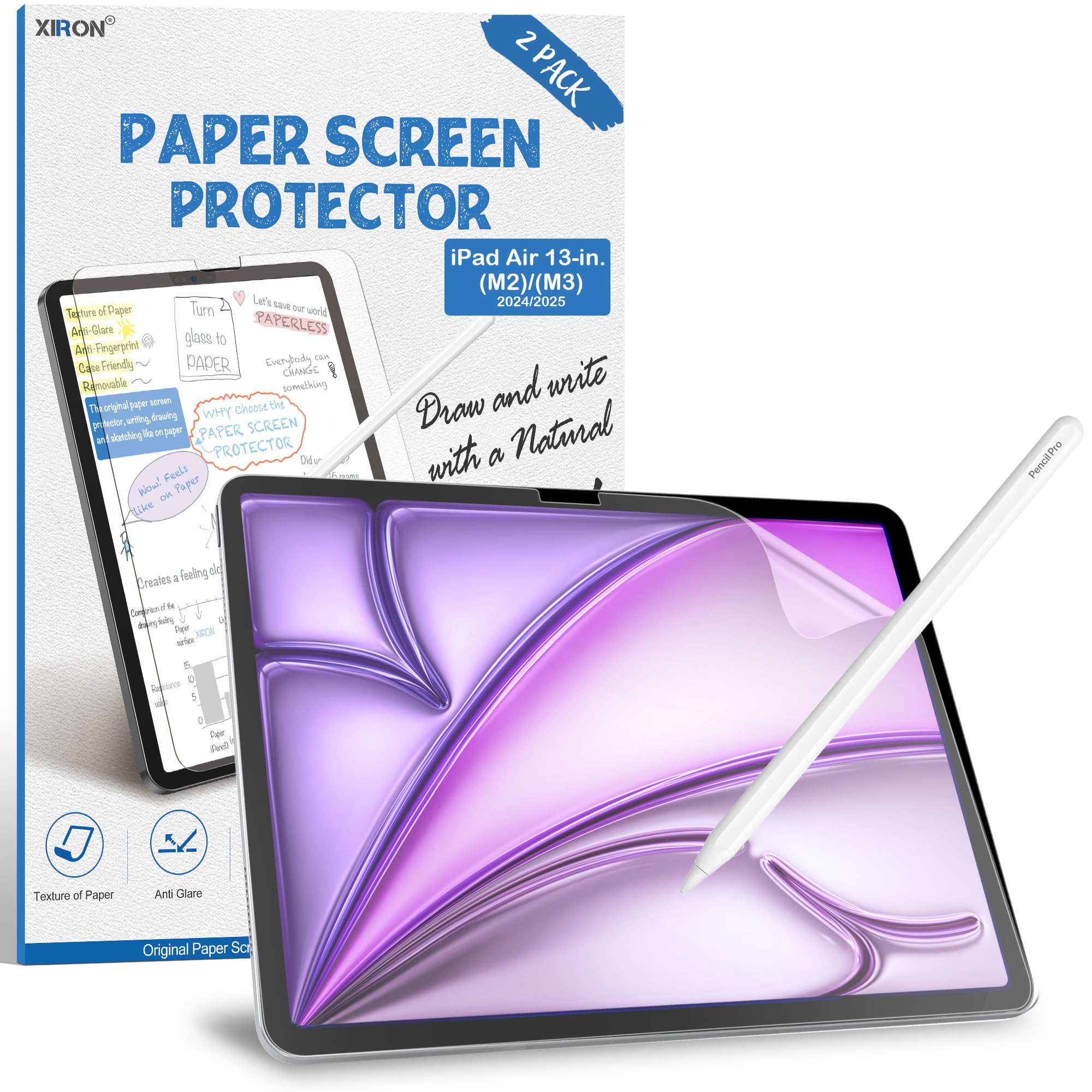 Photo 1 of XIRON 2 Pack Paper Screen Protector for iPad Air 13-inch (M3) 2025/(M2) 2024, Matte PET Film for iPad Air 13-inch 2025, Write and Draw Like on Paper, Anti-Glare & Anti-Scratch