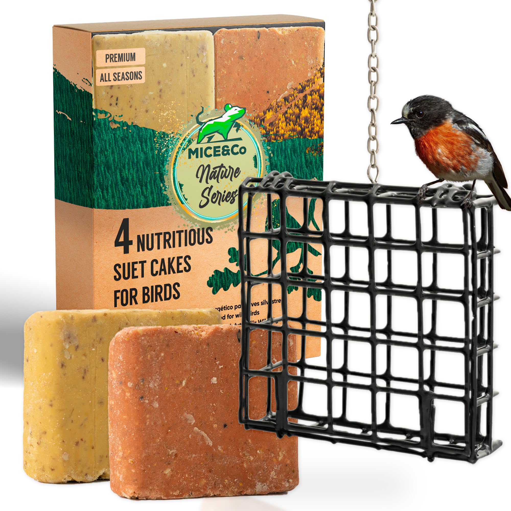 Mice&Co Suet Block Wild Bird Feeder - Hanging Feeder Station Pre-Filled with Premium Suet Cakes - Outdoor Garden Feeder | Pack 1 Feeder & 4 Suet Cake Refills