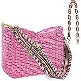 Small Straw Handbags for Women Crossbody Pocketbooks Woven Shoulder Purses Beach Tote Bag for Summer Vacation with Chain