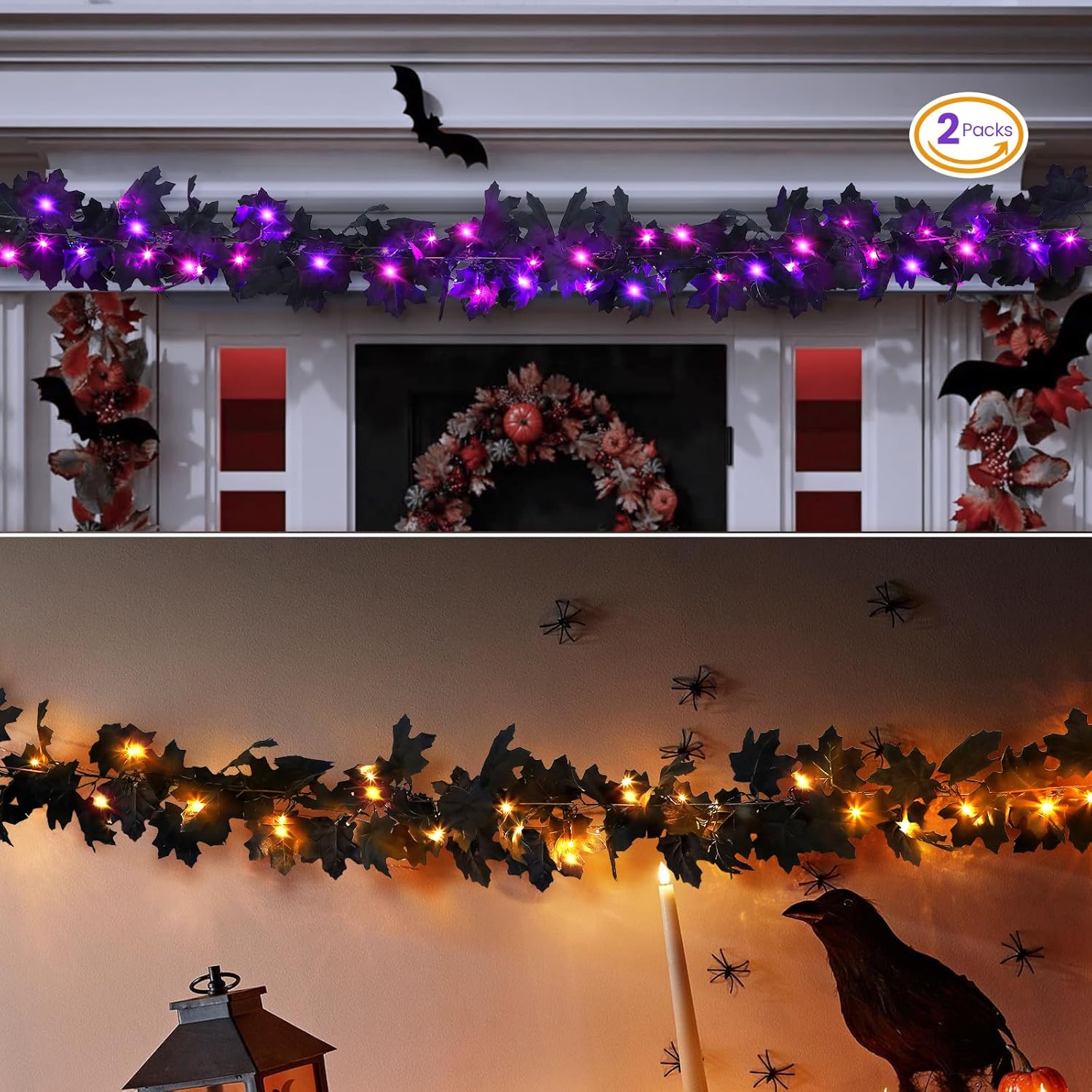 Wreaths, Garlands & Swags - SHareconn 2 Pcs Halloween Black Garlands Decorations with Color Lights and Timer, Fall Leaves Garland Perfect for Home Fireplace Mantle Stairs Wall Dinner Wedding Party Indoor Outdoor Decor, 6FT/Pack