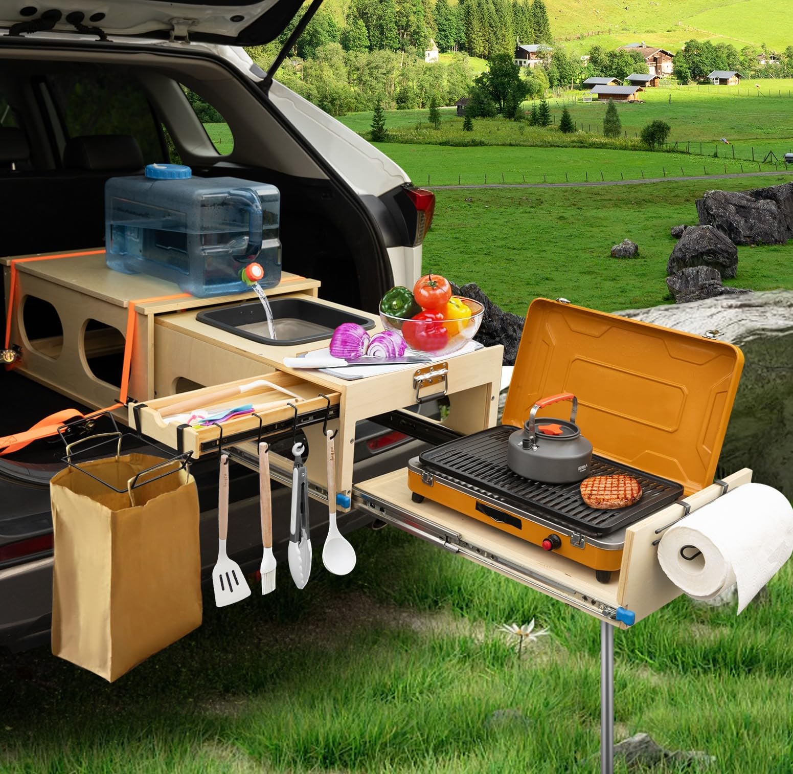 Photo 1 of SHIWAGIN Overland Kitchen Slide-Out System, All-in-One Camp Kitchen Box with Sink, Chopping and Cooking Features, Folding Camping Table for SUV, Overlanding & Car Camping, Quick 1-Minute Setup