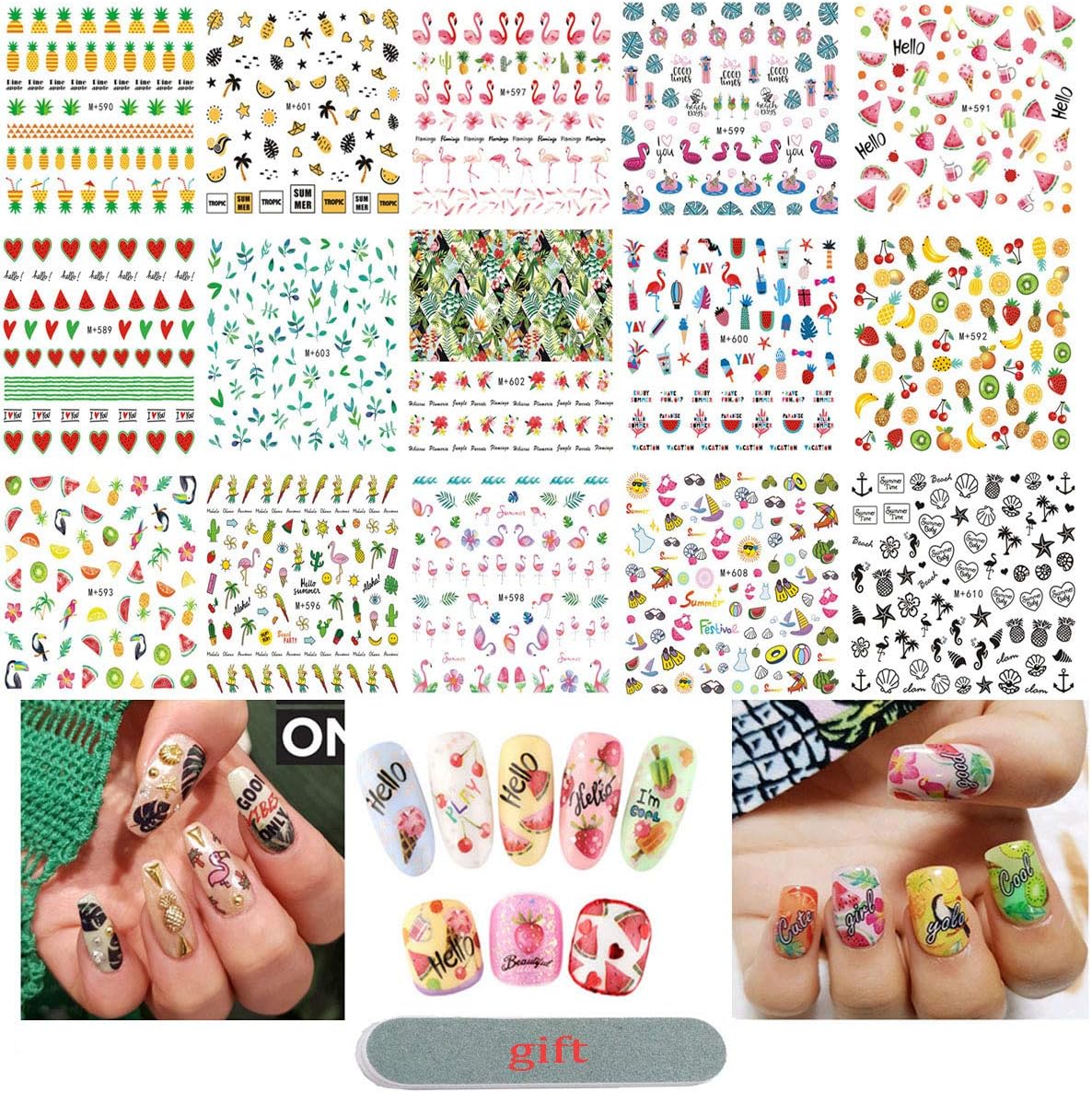 Summer Nail Art Stickers 3D Self-Adhesive Stickers Flamingo Cactus Fruits Ocean Leaves Decals for Women Girls Kids Manicure DIY or Nail Salon, 15 Sheets