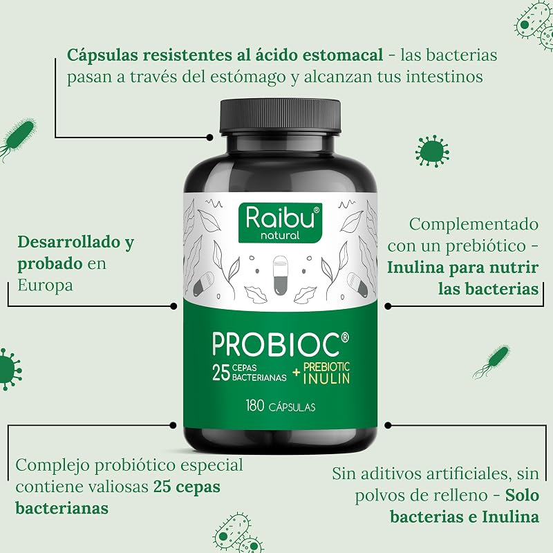 Probióticos y Prebióticos Intestinales con 25 Cepas Bacterianas + Inulina, 180 Cápsulas - 60 Mil Millones de UFC: Flora Intestinal Completa - Lactobacillus, Bifidobacterium, Máxima Concentración