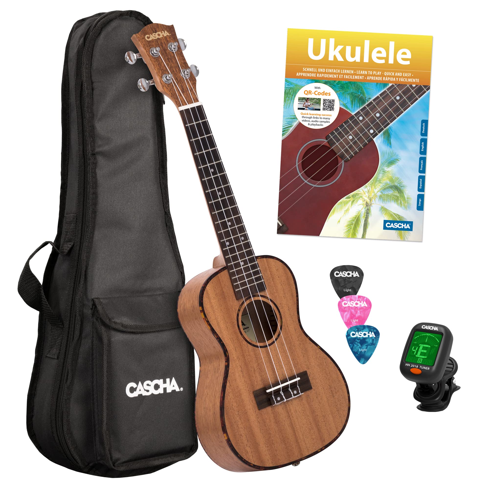 CASCHA HH 2036 DE Premium Mahogany Concert Ukulele Bundle with AQUILA strings, German ukulele method with DVD, padded bag and 3 picks