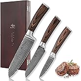 Wakoli EDIB 3-Piece Damascus Kitchen Knife Set in Wooden Gift Box, Razor Sharp Genuine Damascus Steel (VG10 Core), Includes Santoku, Small Santoku and Paring Knife, Ergonomic Pakkawood Handle
