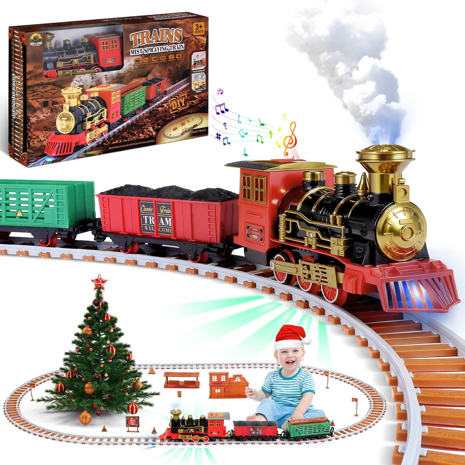 Electric Train Sets for Boys Girls, Battery Train for Track with Lights & Realistic Sounds Steam, Steam Locomotive, Christmas Train Set for 3+ Toddler Kid Boy Girl Birthday Christmas