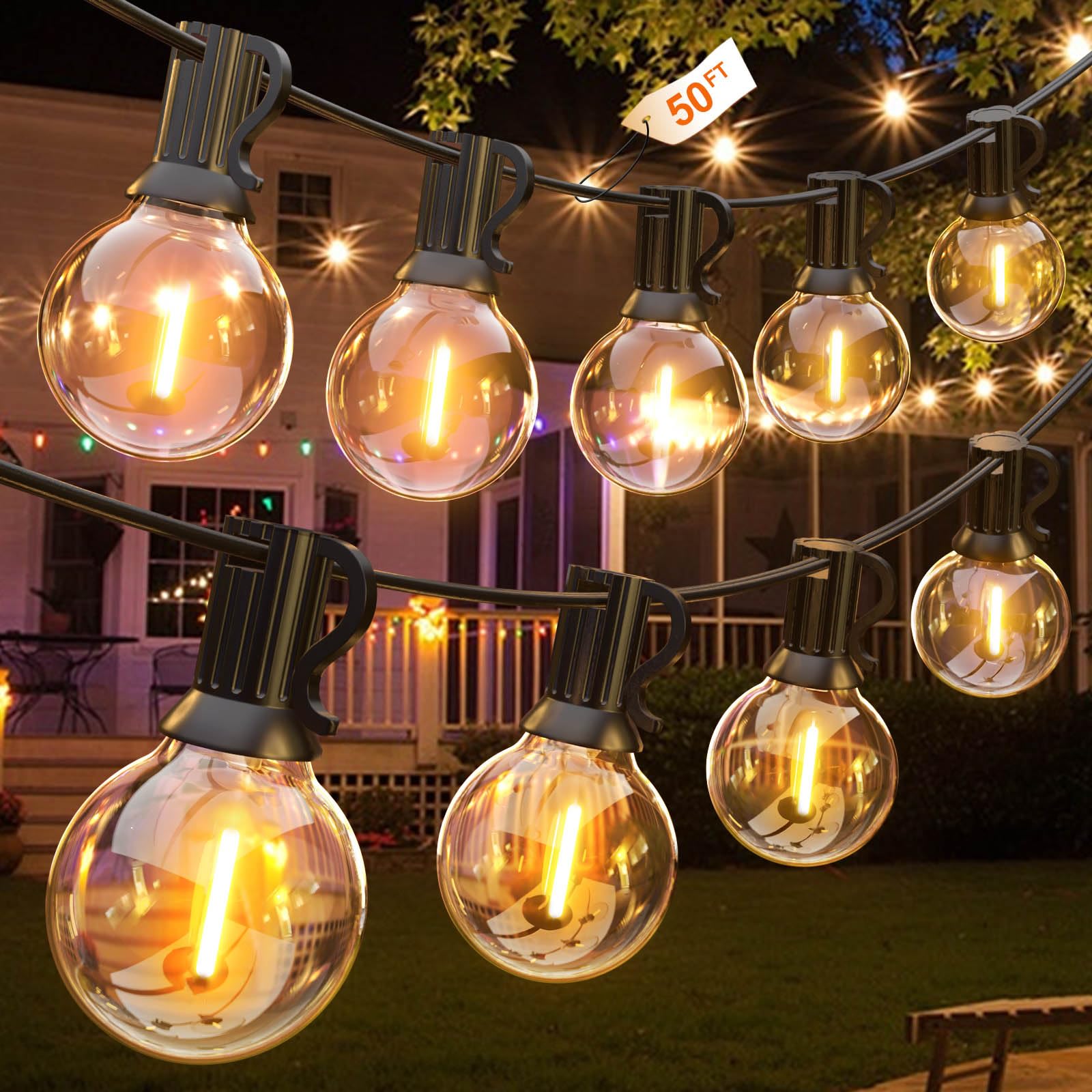 GLUROO Outdoor LED String Lights Mains Powered, 50FT Festoon Lights with 26pcs Shatterproof Plastic G40 Bulbs, Waterproof for Garden, Backyard, Bistro