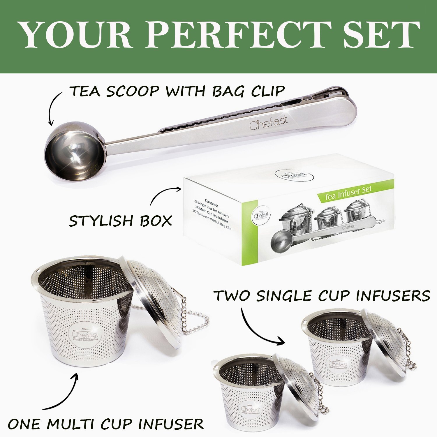 Tea Infuser Set by Chefast (2+1 Pack) Combo Kit of 2 Single Cup Infusers, 1 Large Infuser, and