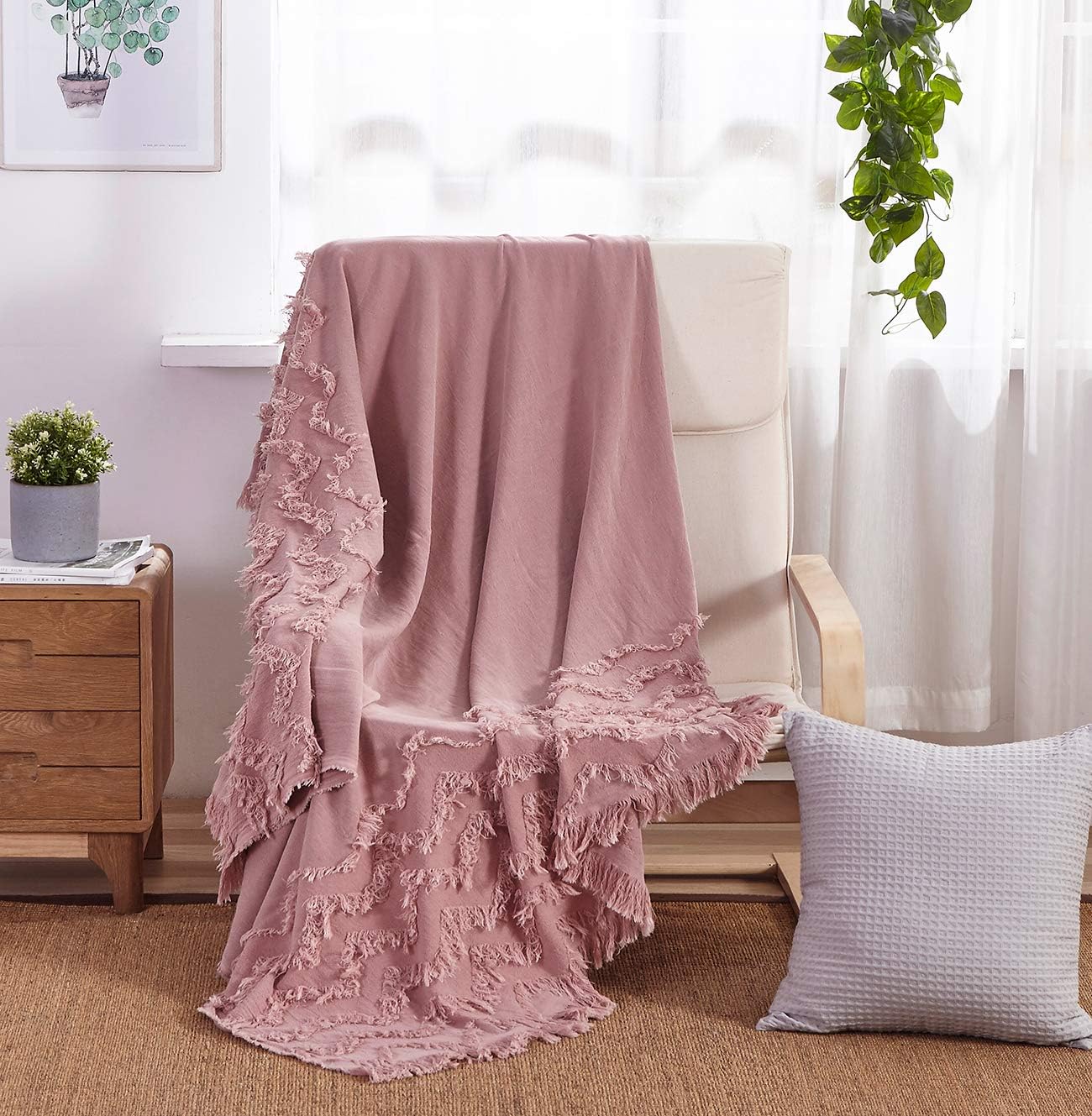 PHF 100% Cotton Textured Throw Blanket Solid for Sofa Couch, 50" x 60", Clipped Jacquard for Home Decoration, White: Kitchen & Dining
