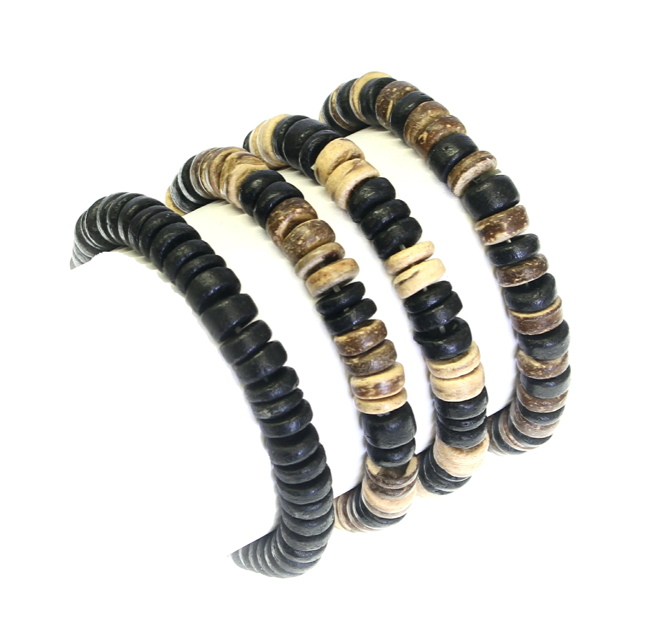 benerini Set Of 4 - Coco Wood Bead Elasticated Surfer Style Bracelets/Wristbands - MAXIMUM WRIST SIZE 17 CM - SET STYLE B