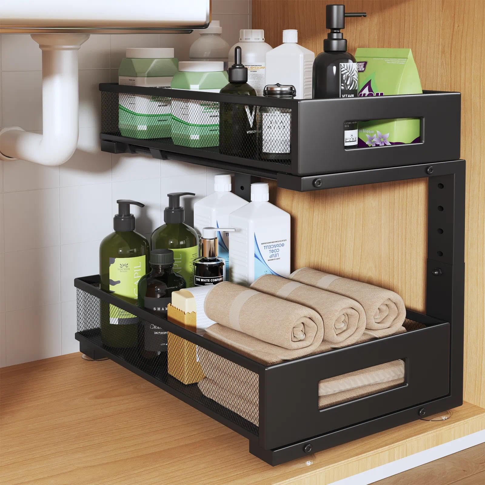 Photo 1 of 1 Pack 17IN Depth Under Sink Organizer, 2-Tier Pull Out Cabinet Organizer With Smooth Circular Rail, Large Capacity Metal Mesh Sliding Drawers For Bathroom& Kitchen Storage,Height Adjustable –Black