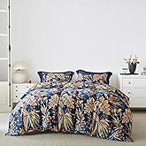 SUSYBAO Aquatic Patterned Duvet Cover King 100% Egyptian Cotton 3 Pcs Set 1 Colorful Tropical Botanical Duvet Cover with Zipper Ties 2 Pillowcases Farmhouse Jungle Plant Print Bedding Set Soft