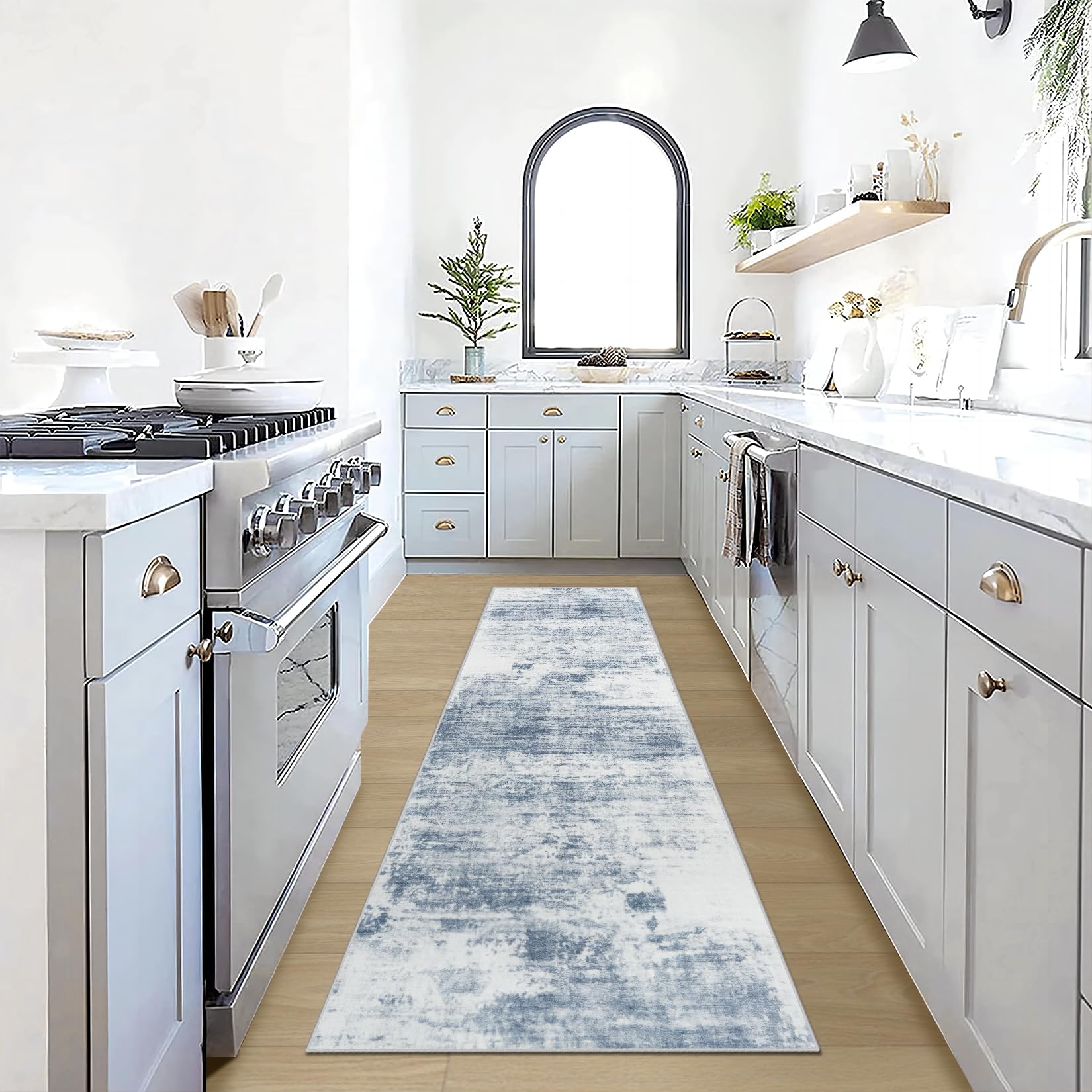 2'6''x8' Runner Rugs Washable Rug: Modern Abstract Living Room Rug Soft Anti-Skid Thin Carpet Indoor Floor Non-Shedding Carpets for Bedroom Dining Room Farmhouse Nursery Home Office - Blue White Image