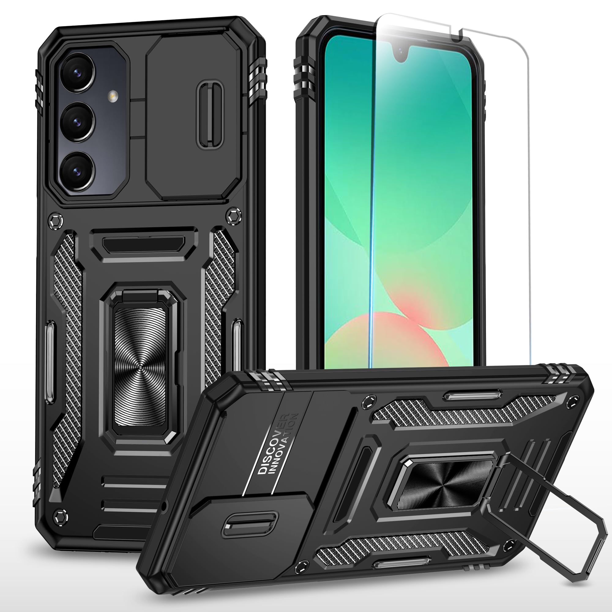 SunStory Phone Case for Samsung Galaxy A26 5G Case with HD Screen Protector & Slide Camera Cover & Rotated Ring Kickstand, [Heavy Duty Shockproof] Dual Layers Phone Case for Galaxy A26,Z_Black